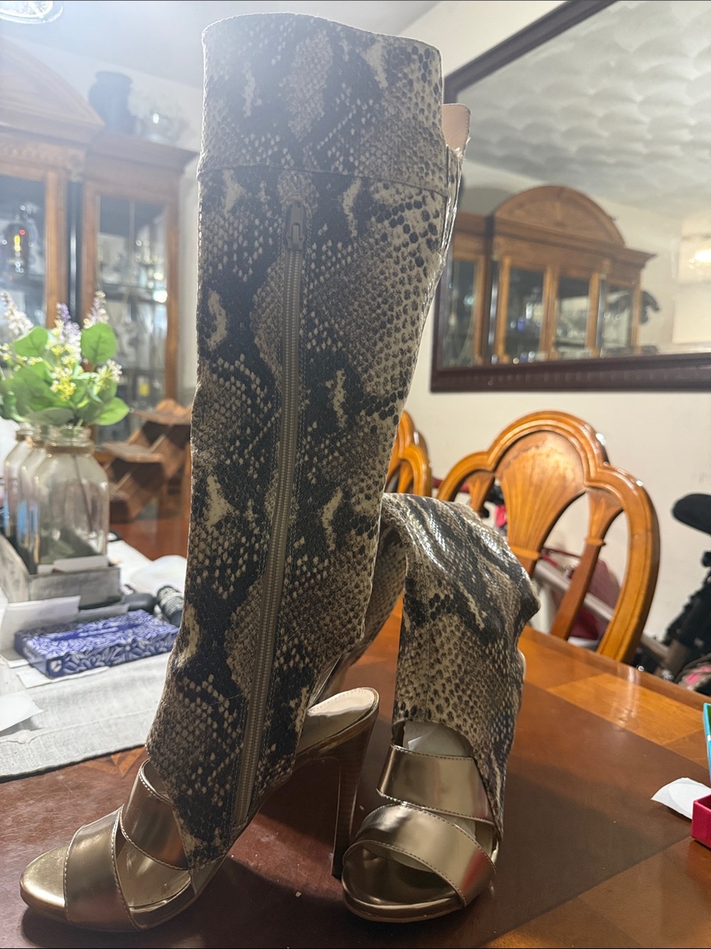 Guess Brown Snake-Print Open-Toe Knee Boots